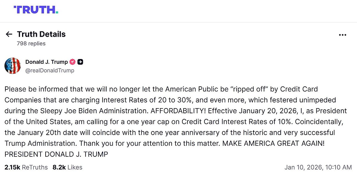 米トランプ大統領「クレジットカードの金利上限を1年間10％にする」発表