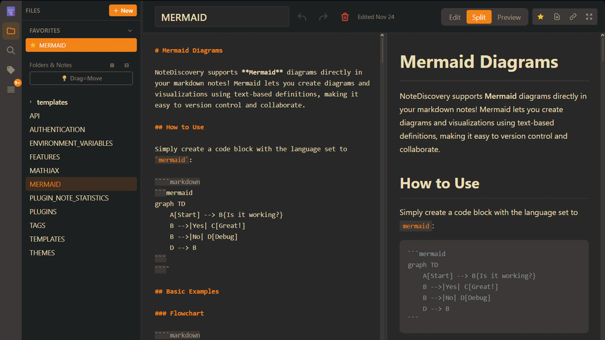 無料・軽量でプライバシー保護を重視したノート作成アプリ「NoteDiscovery」、LaTeX数式入力・Mermaidダイアグラム・スマートなタグ管理・カスタムテンプレート・コードハイライト表示などを搭載しセルフホスト可能