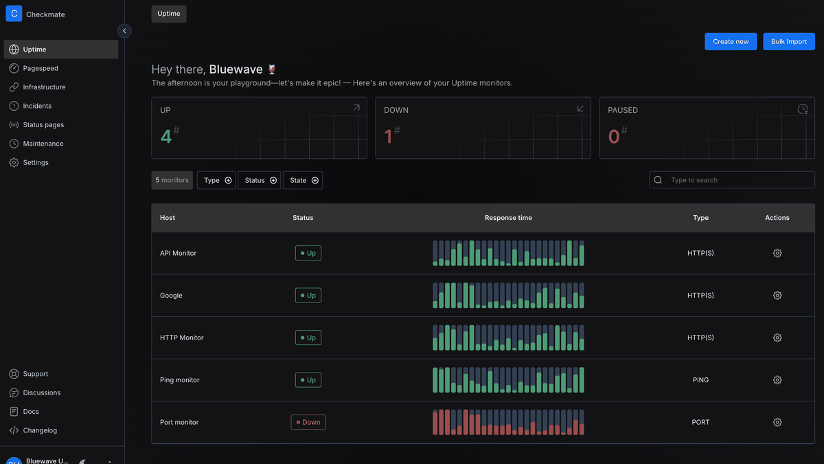 無料でウェブサイトの稼働時間・ページの読込速度・リモートサーバーのCPU/ディスク/メモリ/ディスクの状態を監視してステータスページも自動的に公開できる「Checkmate」、オープンソースでセルフホスト可能