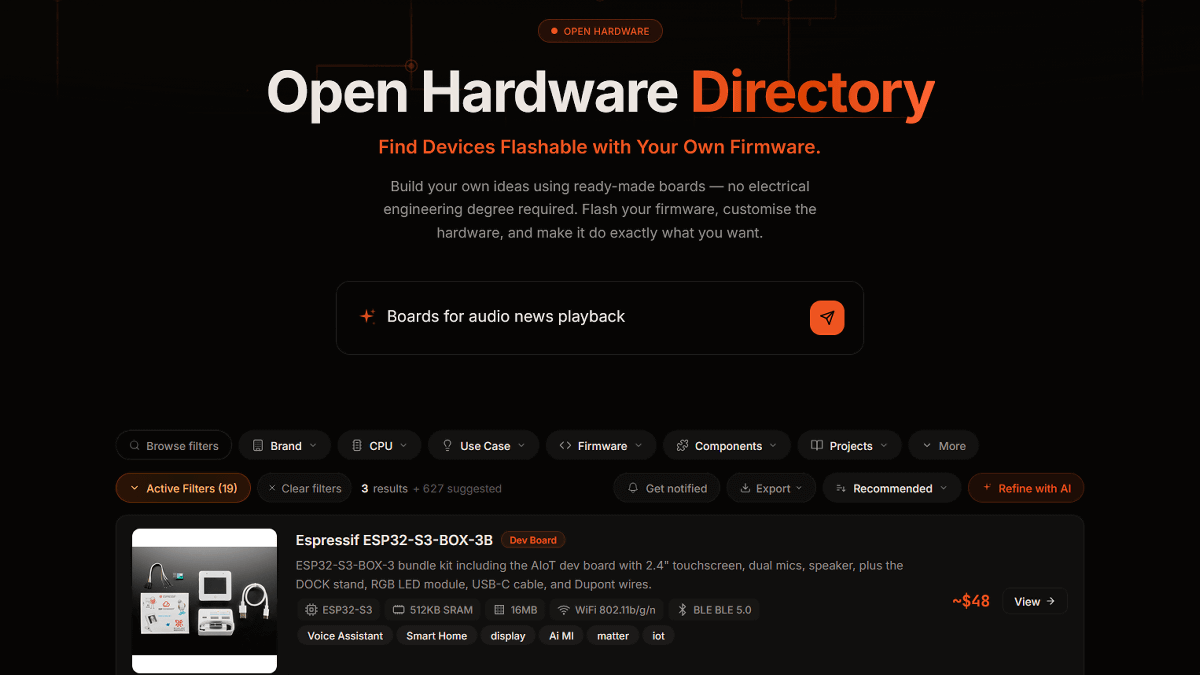 電子工作に必要なハードウェアをAIでサクッと調べられるウェブサイト「Open Hardware Directory」